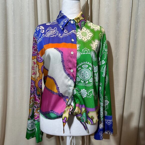 2/30 Zara Satin Paisley Patchwork Blouse Colorful Long Tie Bell Sleeves Large M - Picture 8 of 16